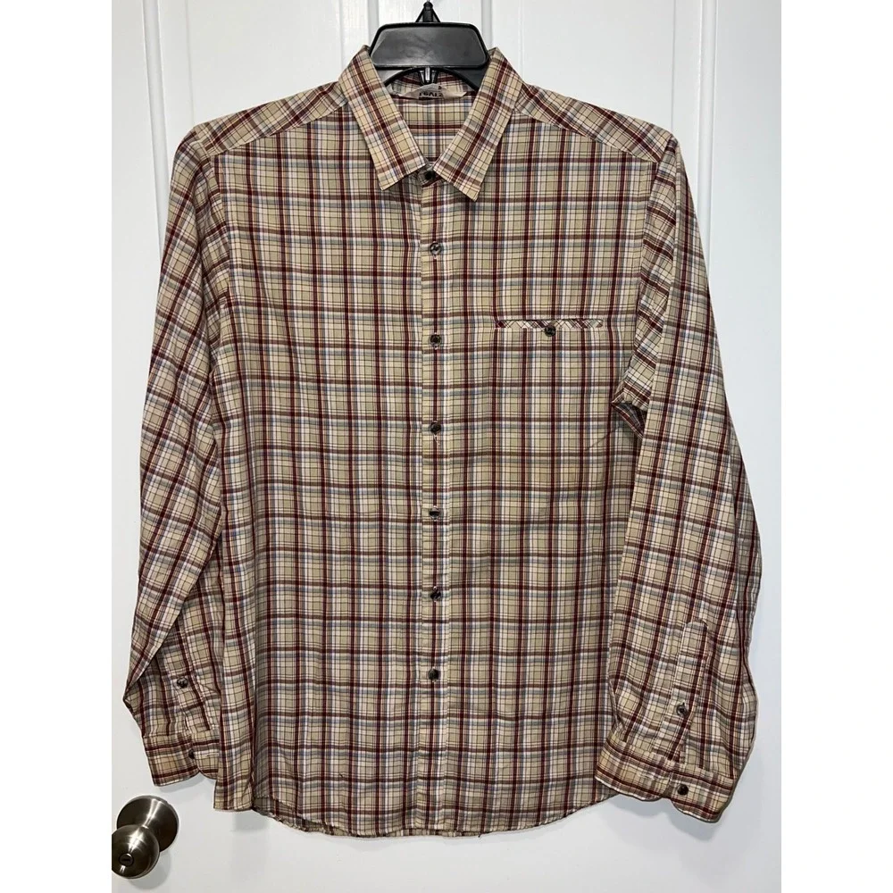 Vintage Levis Sportswear Mens Large Plaid Button Shirt Tan Burgundy Long Slv